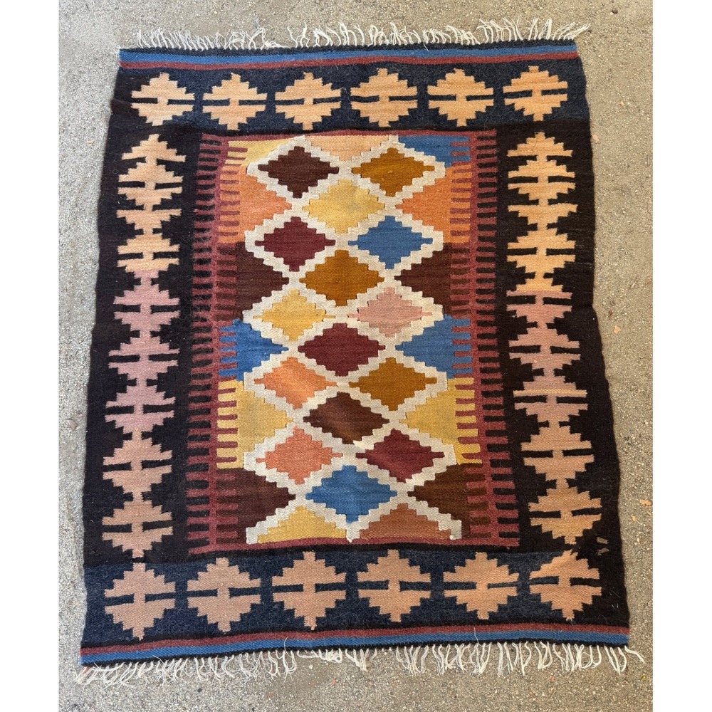Vintage Kilim Rug 41x46 Multicolor Geometric Tribal Wool Flatweave Area Rug